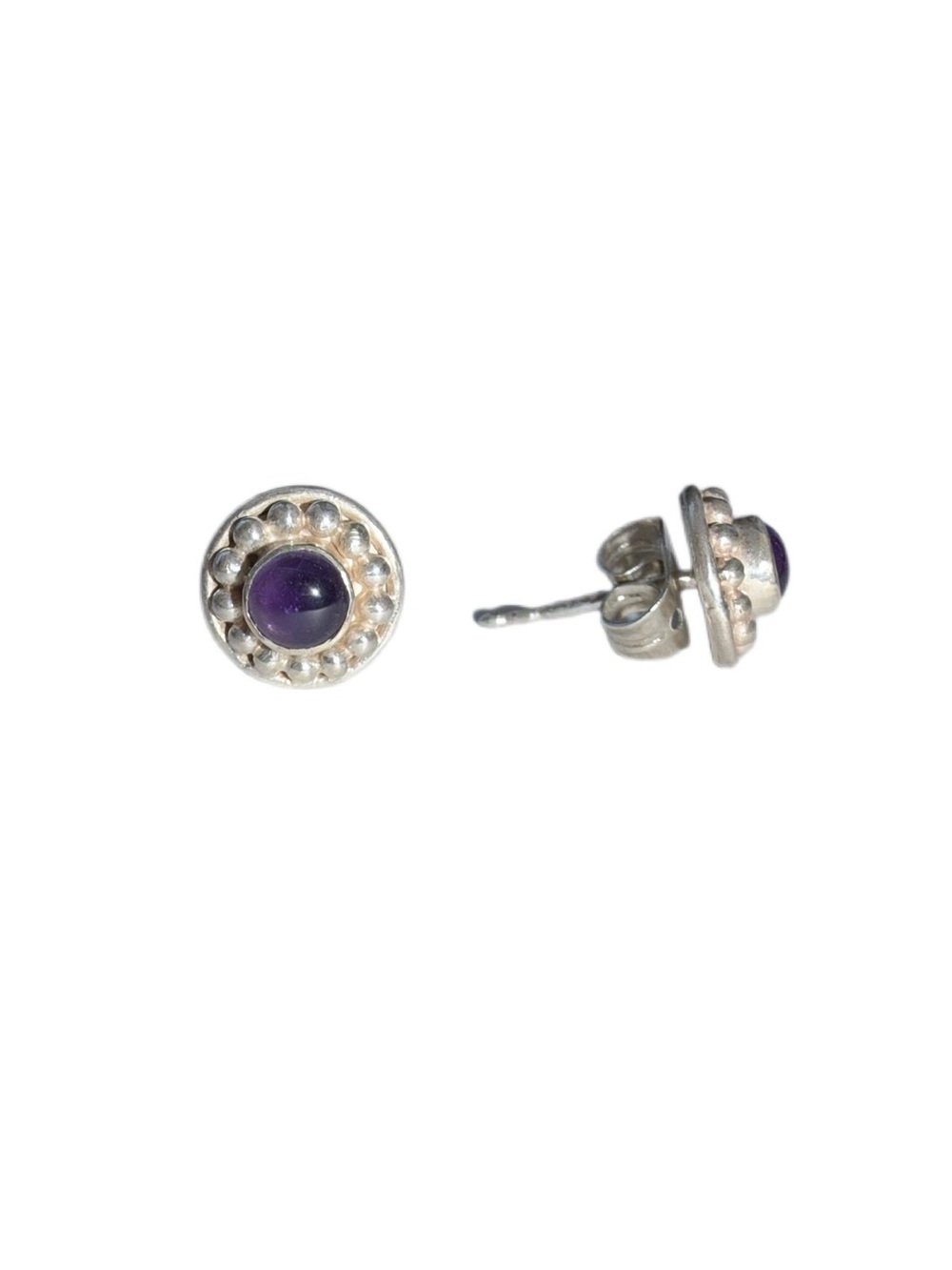 Vintage 8mm Sterling Silver Cabochon Amethyst Beaded Stud Earrings
